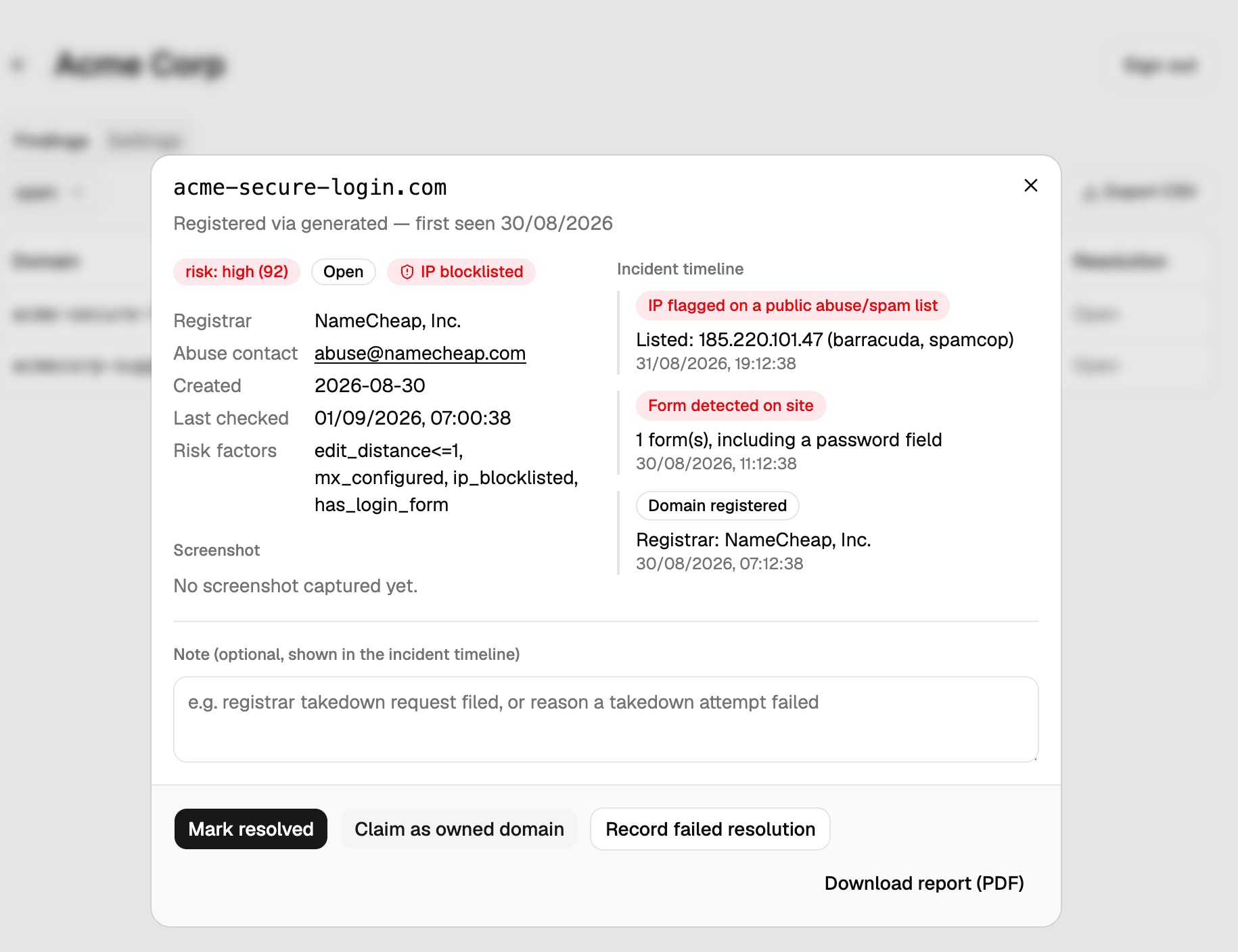 Finding detail view with abuse contact, risk factors, and incident timeline